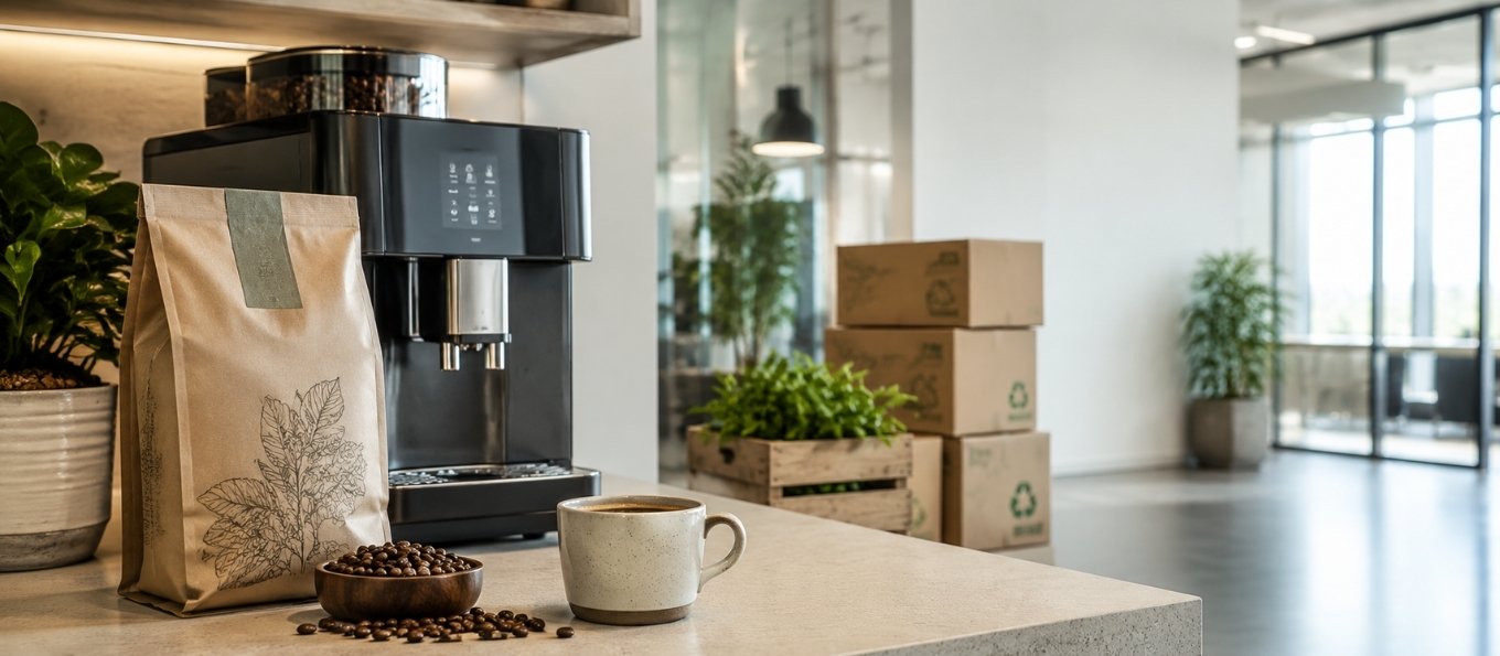 Nachhaltiger Bürokaffee mit Kaffeevollautomat, Kaffeeverpackung und Lieferkartons